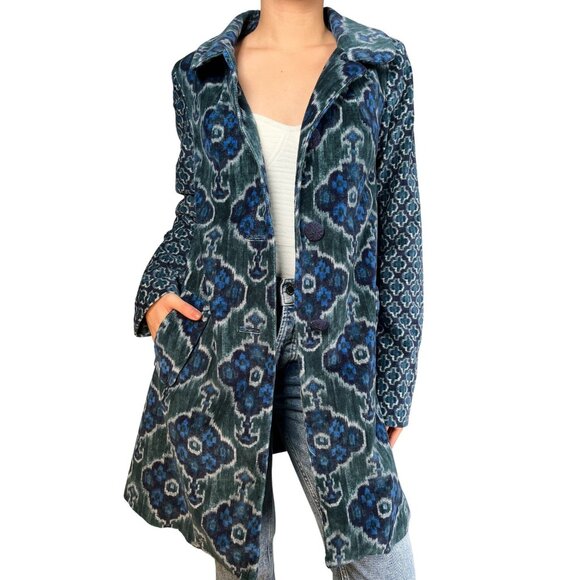 Elevenses Anthropologie Coat Size 4 S Blue Green Ikat Velvet Mod Floral Jacquard - Picture 1 of 9